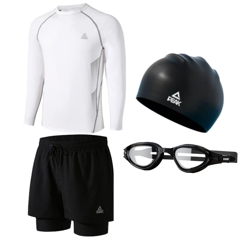 PEAK Swimsuit Sets Thin White LongSleeved Shirt Swimwear+Black Swimming Shorts+Swim Goggles+Swimming Cap