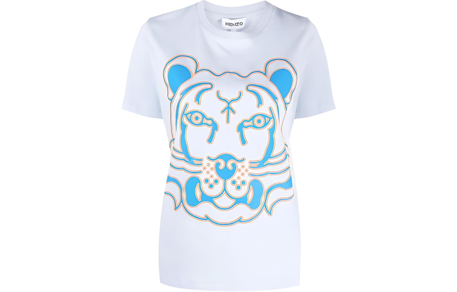 KENZO SS22 Neon Tiger Print Pullover Short Sleeved T Shirt White Blue White Blue