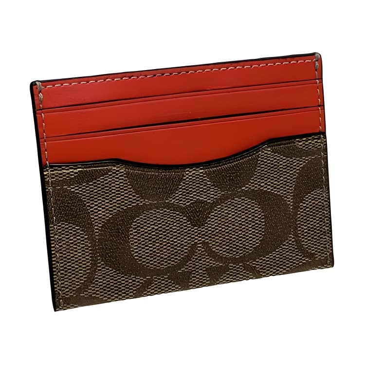 COACH Boxed Coated Canvas With Refined Calfskin Card Holder Khaki Orange Red