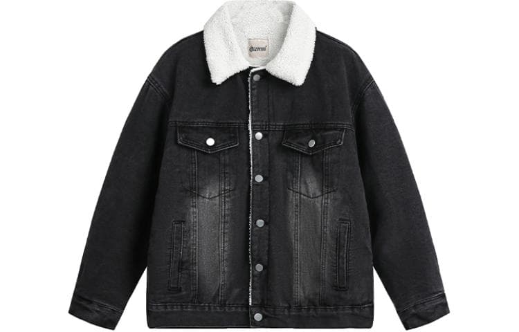 NANDCHN Denim Jackets Lapel Thickened Fleece Lined Other Black
