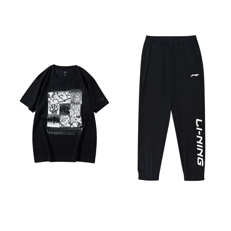 Li Ning Collection Sportswear Black Clothing Set (Black ShortSleeved Shirt+Black Pants)