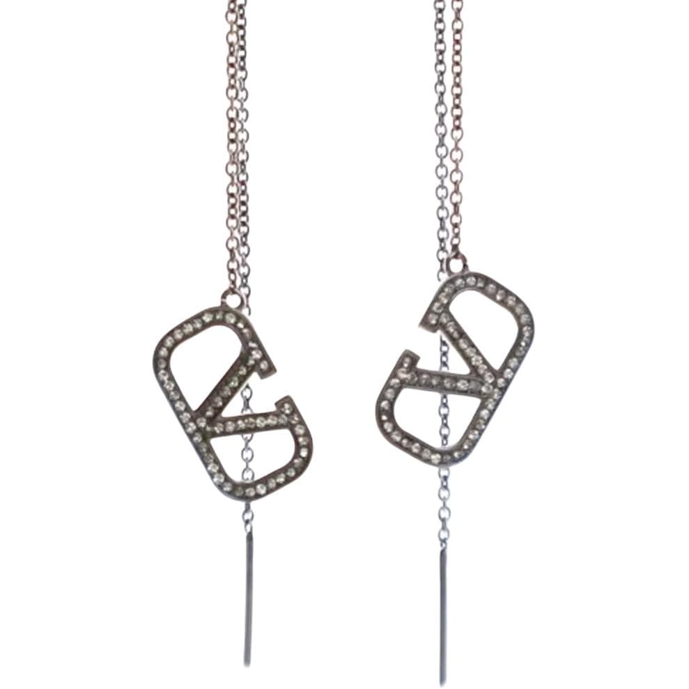 Valentino Garavani Pre Owned 2000 2024 Brass Rhinestone VLogo Threader Earrings Costume Earrings Silver
