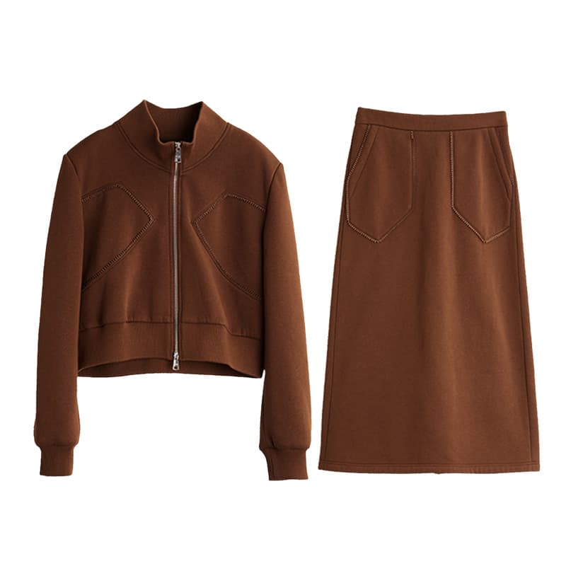 ELLE TwoPiece Skirt Sets Brown Stand Collar Moderate