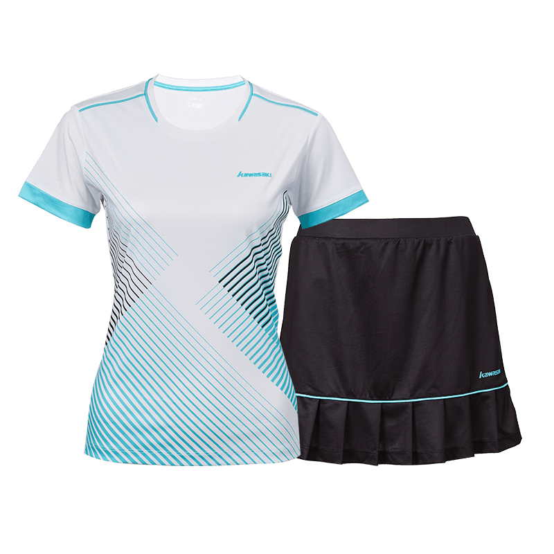 Kawasaki Two Piece Skirt Sets Crew Neck Thin Short Set (Blue Top+Black Skirt)