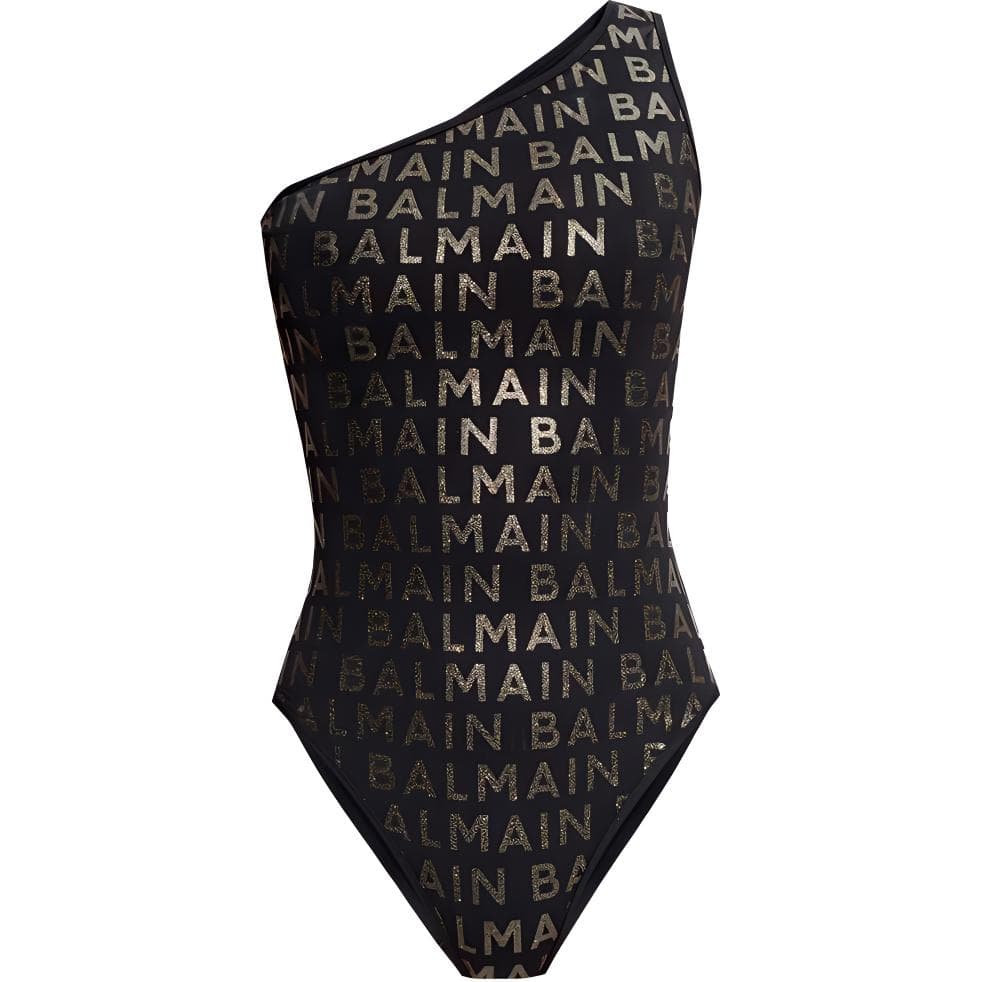 BALMAIN Logo print One shoulder Swimsuit Black