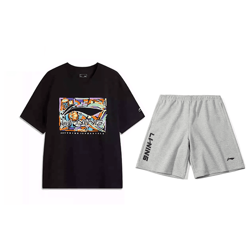 Li Ning Sportswear Black Cotton HandDrawn Print ShortSleeved+Heather Gray Printed Cotton