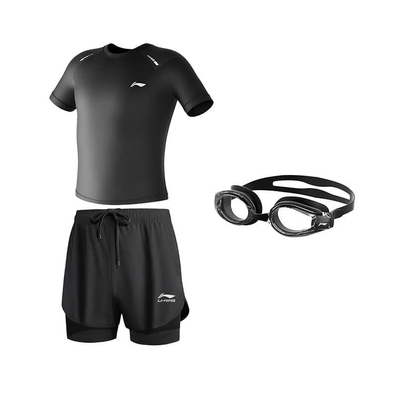 Black Swimwear+Black Swimming Shorts+Swim Goggles