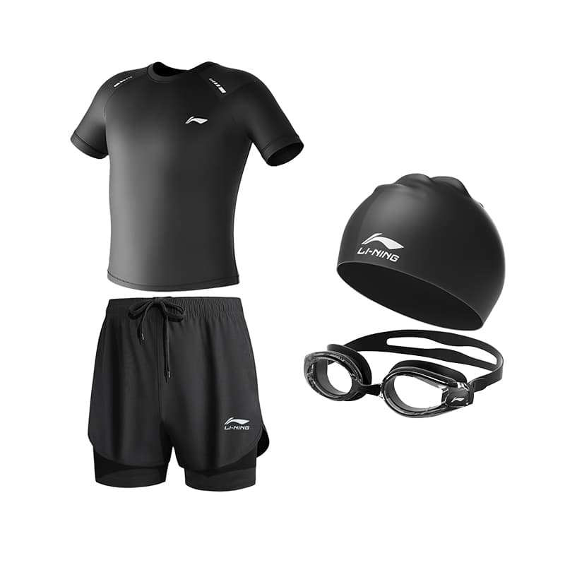 Black Swimwear+Black Swimming Shorts+Swim Goggles Cap Set