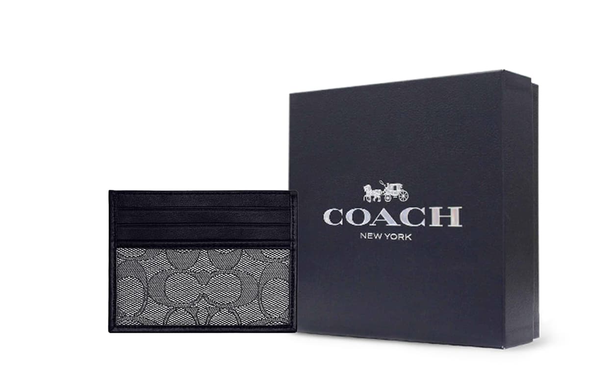 COACH Card Case Fabric With Card Holder Black Gray Gift Box Sets (Basic Set+Black Box)
