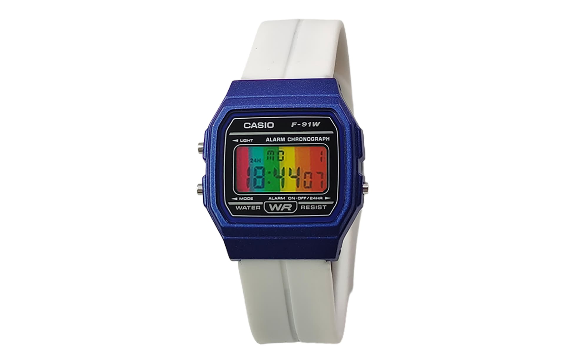 White Strap Multicolor Vertical Stripes Watch Lens