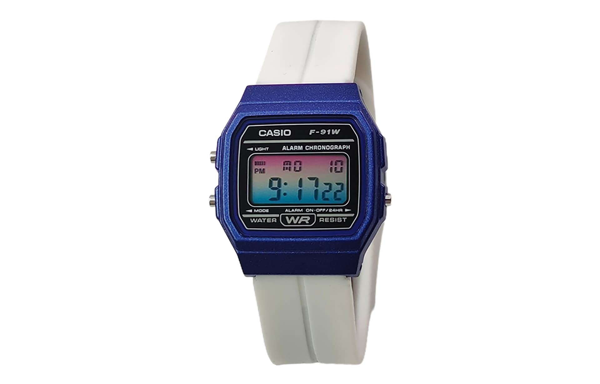 White Strap Pink Blue Gradient Watch Lens