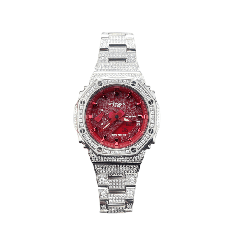 CASIO Custom Collection Quartz Movement Stainless Steel Watchband Watch Red Watch Dial Garnet Red Full Diamond