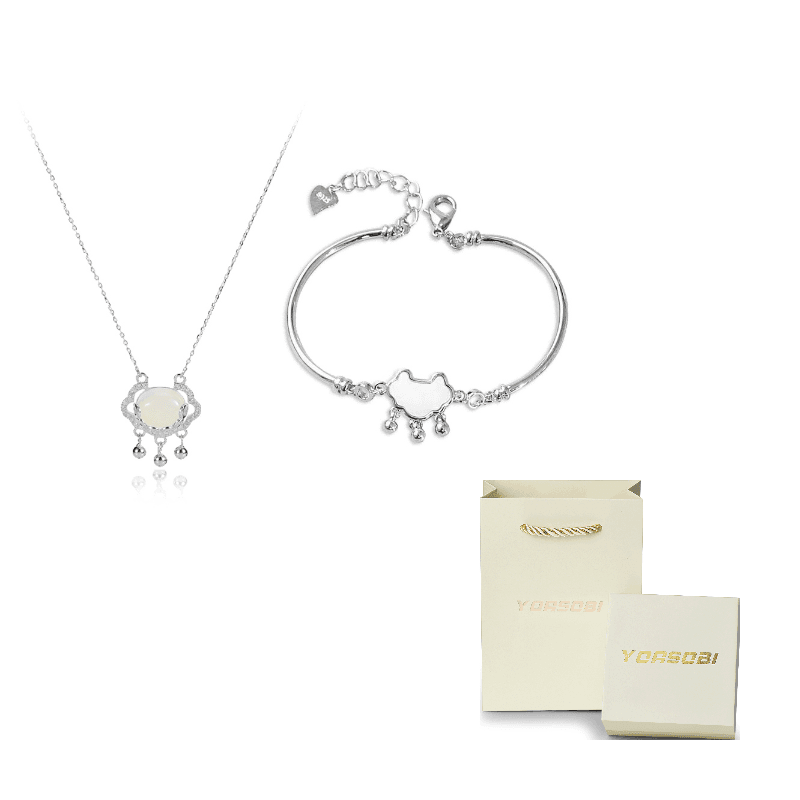 Silver Longevity Lock Necklace+Bangle Set