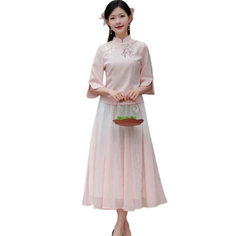 SIXUSICHOU Two Piece Skirt Sets Stand Collar Thin Mid Length 9325 Pink Top+9671 Pink Skirt