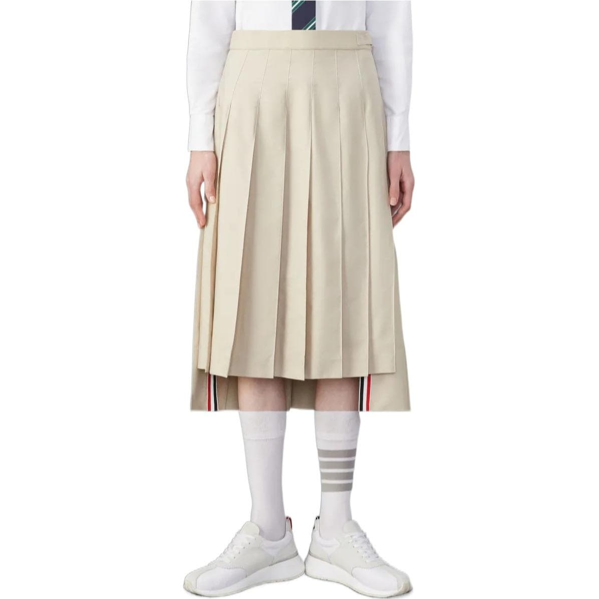 THOM BROWNE RWB Tab High Hem Pleated Midi Skirt Khaki