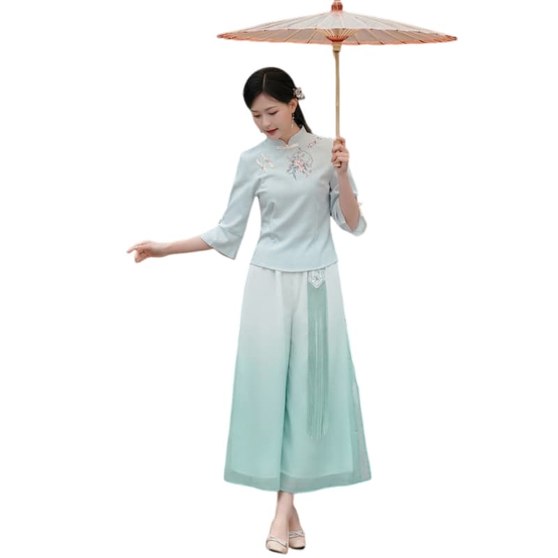SIXUSICHOU Two Piece Skirt Sets Stand Collar Thin Mid Length 9325 Green Top+9509 Green