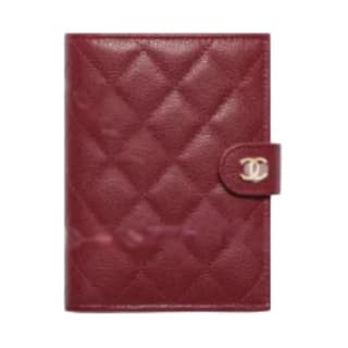 CHANEL Shiny Grain Calfskin & Gold Metal Passport Holder Small Burgundy