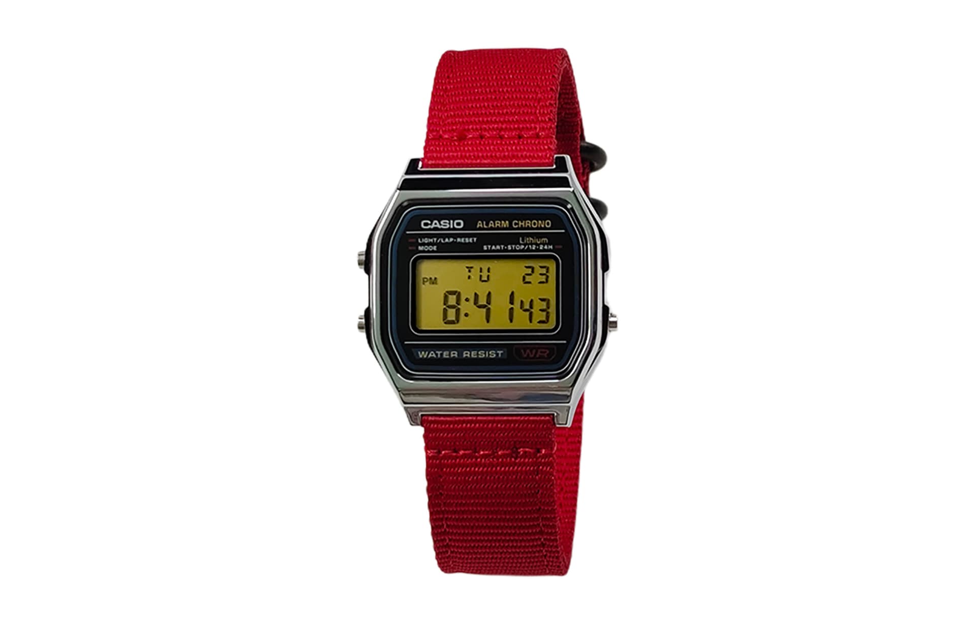 CASIO Custom Collection Quartz Movement Nylon Strap Watch Black Dial Red Strap Yellow Lens