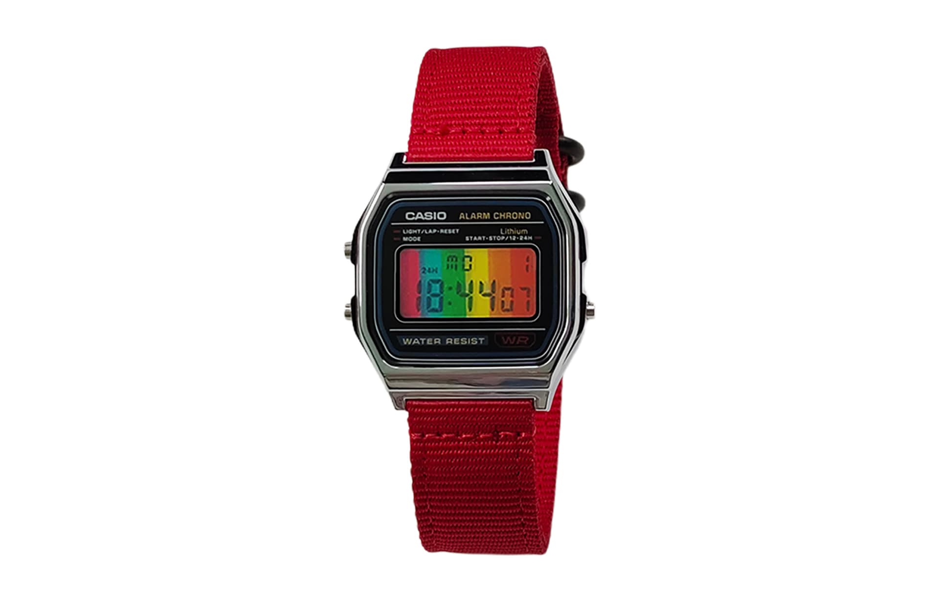 Red Strap Multicolor Vertical Stripes Lens