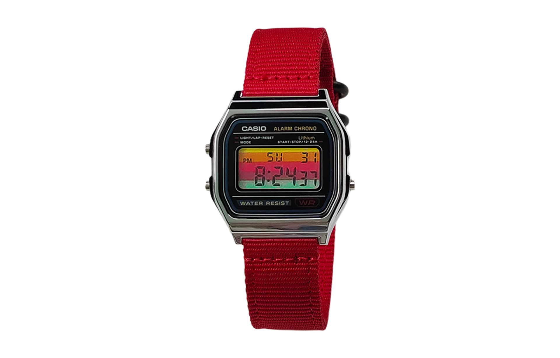 Red Strap Multicolor Horizontal Stripes Dial