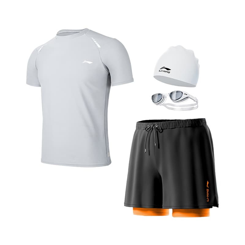 Set (Gray Top+FivePoint Shorts+Swimming Cap+Swim Goggles)