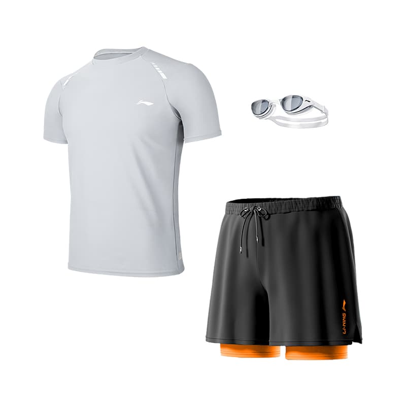 Li Ning Swimwear Sets Moderate Clothing Sets (Gray Top+FivePoint Shorts+Swim Goggles)