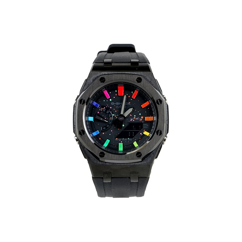 Rainbow Ink Splatter Rainbow Scale Black Shell Wide-Hole Semi-Textured Black Strap