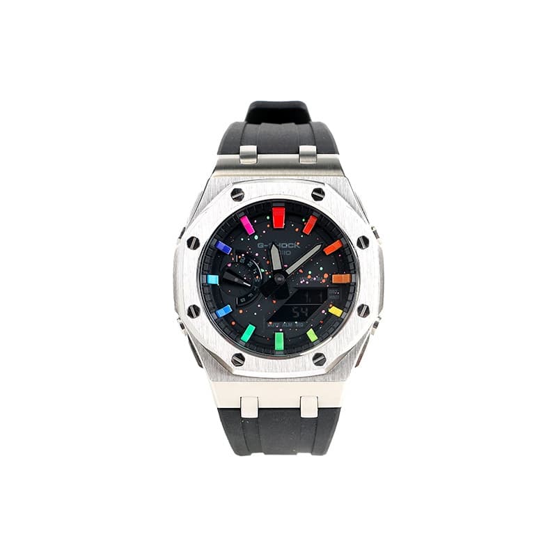 CASIO 44mm Black Watch Rainbow Ink Splatter Rainbow Scale Silver Case Wide Hole Long Pattern Black Strap