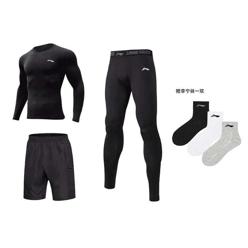 Li Ning Fitness Sets Crew Neck Moderate Set (Black Tight Fit LongSleeved Top+Black Pants+Black Sports Shorts) with LiNing 1 Pack