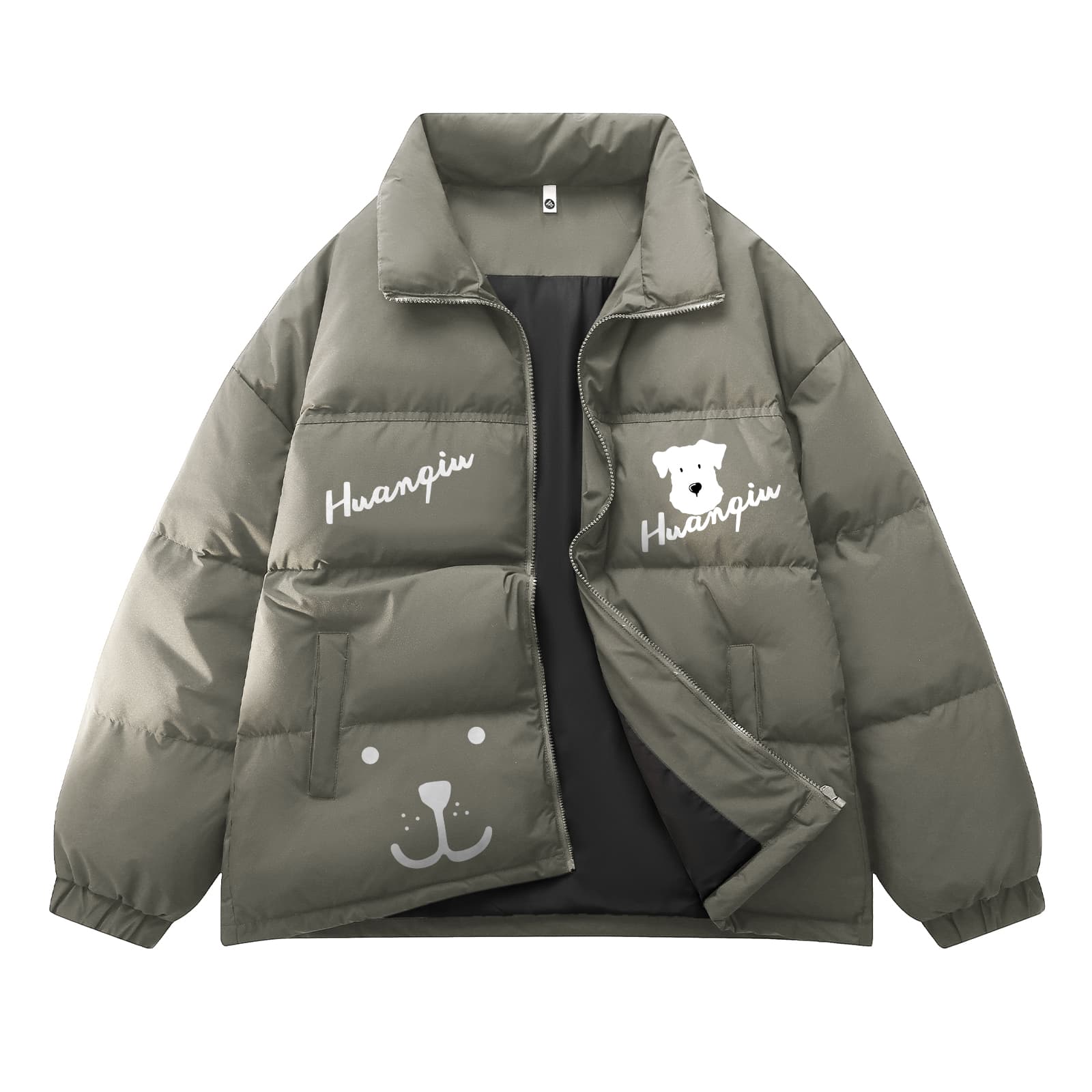 HUANQIU Down Jackets Stand Collar Thickened Puffer Jacket Gray Green