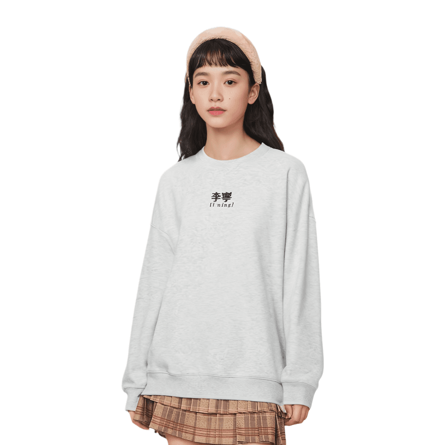 Li Ning Sports Life Collection Back Letter Text Print Pullover Thermal Long Sleeved Crew Neck Fleece Lined