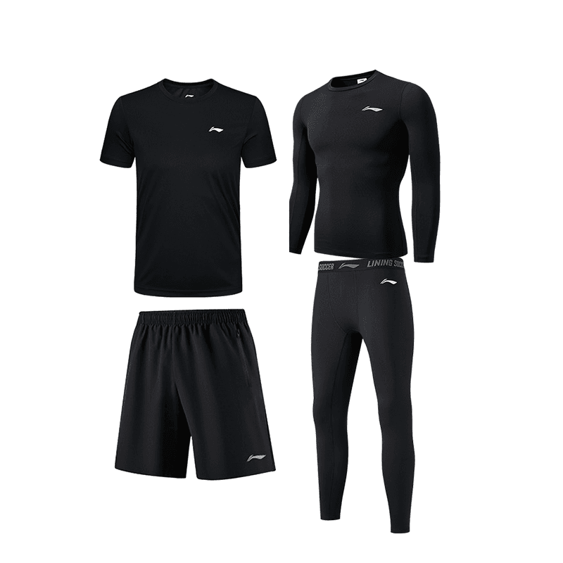 Li Ning Fitness Sets Crew Neck Moderate Set (Black FleeceLined LongSleeved TShirt+Black FleeceLined Pants+Black ShortSleeved TShirt+Black Shorts)