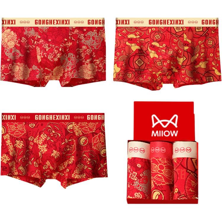 MIIOW Prosperity Zodiac Year Collection Boxer Briefs [Miiow3 Pack Box Included]Turn of Fortune+Lucky Cat+Fortune