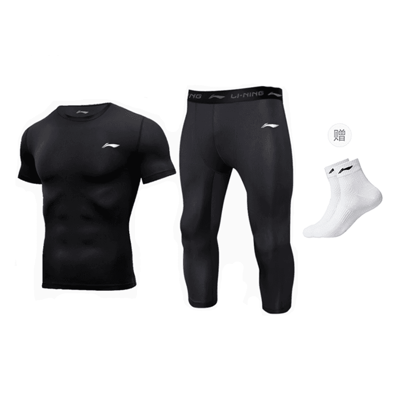 Li Ning Fitness Sets Crew Neck Moderate Black ShortSleeved+Black Capri with LiNing 1 Pack