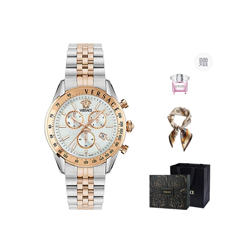 VERSACE Wrist Quartz Movement Stainless Steel Watchband White Dial Box Limited Edition+Silk Scarf White