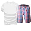 ShortSleeved Set (Dark Blue Plaid KneeLength Pants+White ShortSleeved TShirt) 100% cotton MoistureWicking Breathable