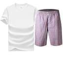 ShortSleeved Set (Light Gray Plaid KneeLength Pants+White ShortSleeved TShirt) 100% cotton MoistureWicking Breathable