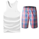 Tank Top Clothing Sets (Dark Blue Plaid KneeLength Pants+White Tank Top) 100% cotton MoistureWicking Breathable