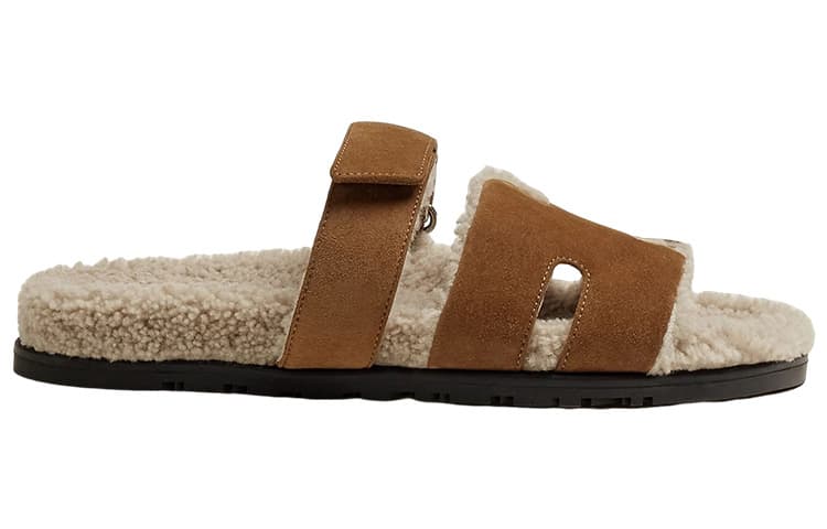 HERMES Chypre Sandal Brun Fume Suede Woolskin M