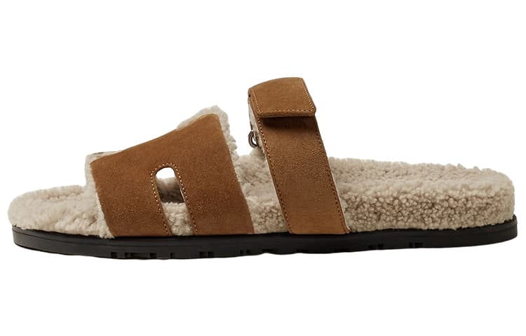 HERMES Chypre Sandal Brun Fume Suede Woolskin M Original Shoe Box Not Included