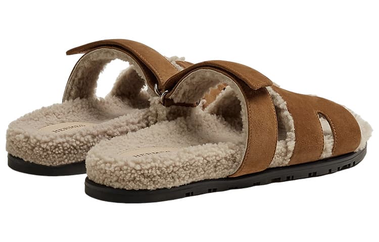 HERMES Chypre Sandal Brun Fume Suede Woolskin M