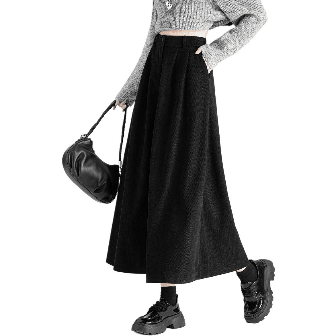 BALENO Corduroy Fleece Lined High Rise Slimming A Line Solid Color Loose Fit Maxi Skirt Vintage Pleated Skirt