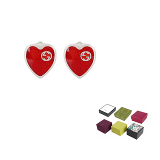 GUCCI Double G 925 Sterling Silver Stud Earrings Red