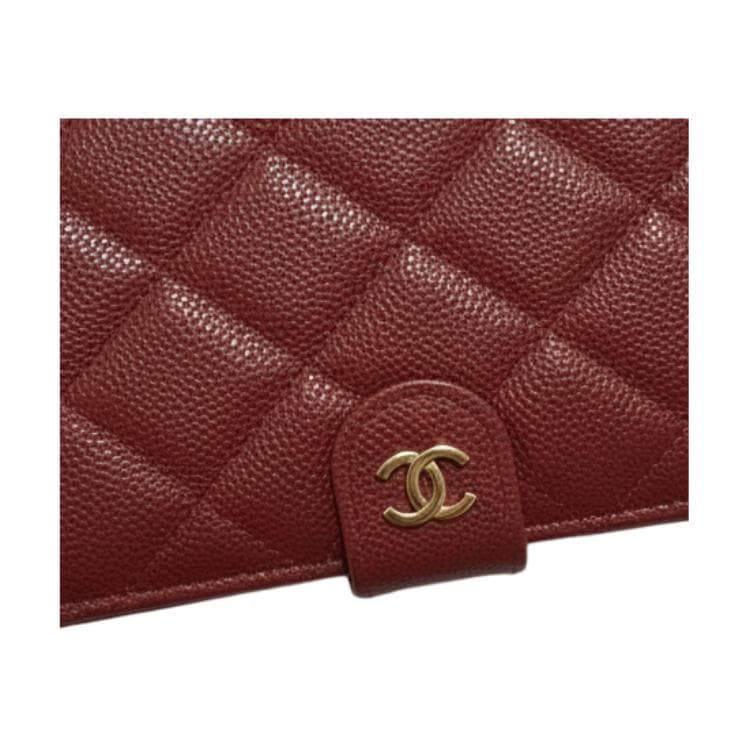 CHANEL Shiny Grain Calfskin & Gold Metal Passport Holder Small Burgundy