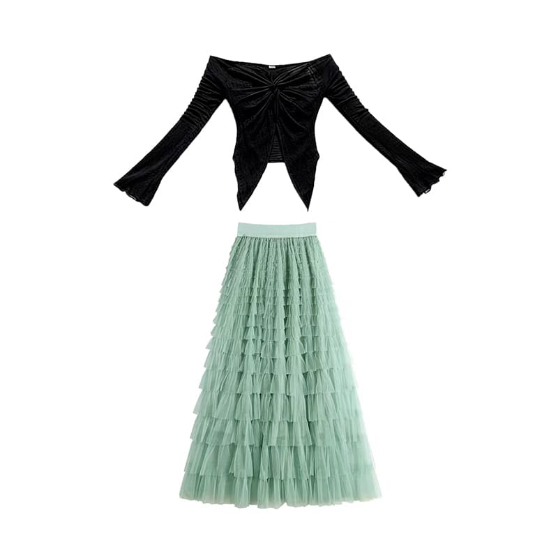 Aghr Two Piece Skirt Sets Boat Neck Thin Long Black Top+Green Skirt