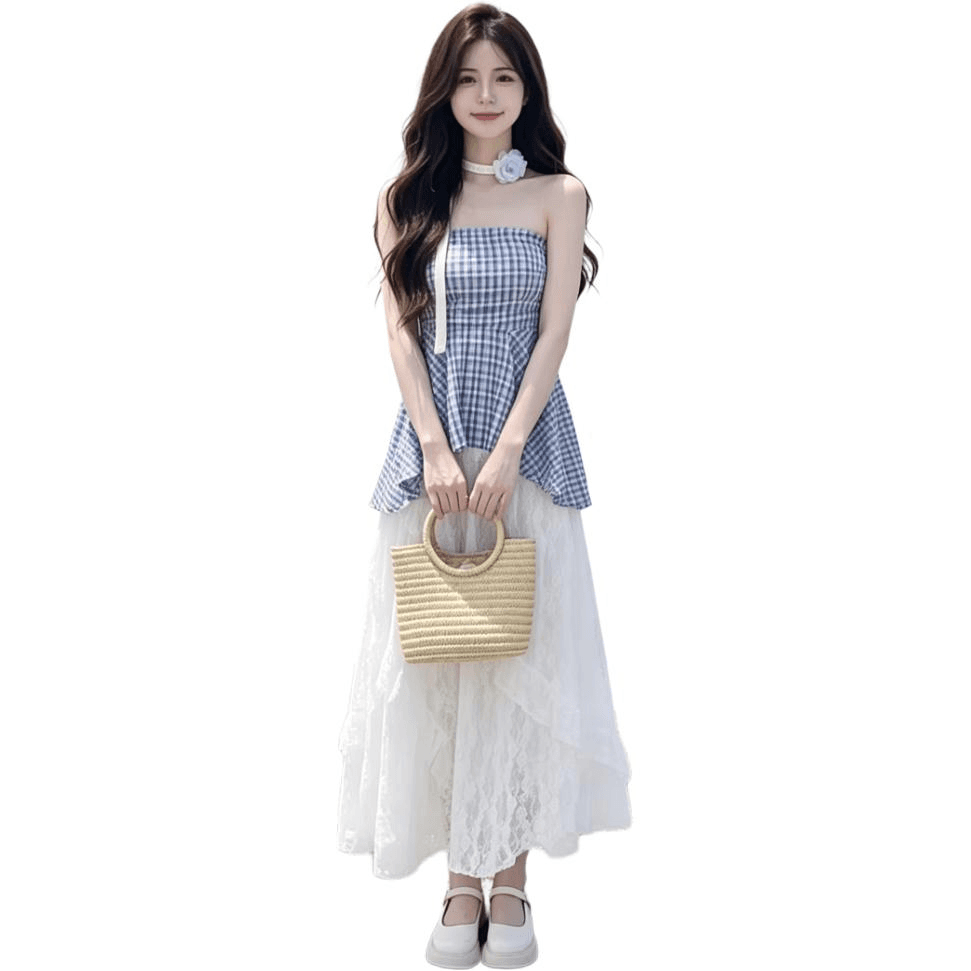 Beauty At 19 Two Piece Skirt Sets Moderate Blue Top+White Skirt (Accessories Not Included)