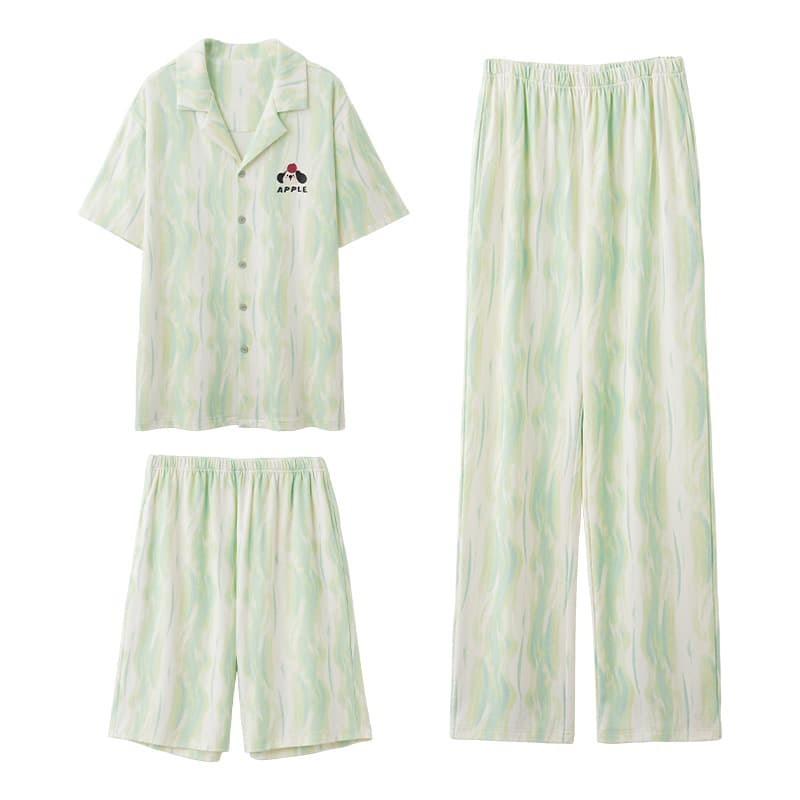 MIIOW Pajama Sets Men'sGreen Pattern[ShortSleeved TShirt+Shorts+Pants]