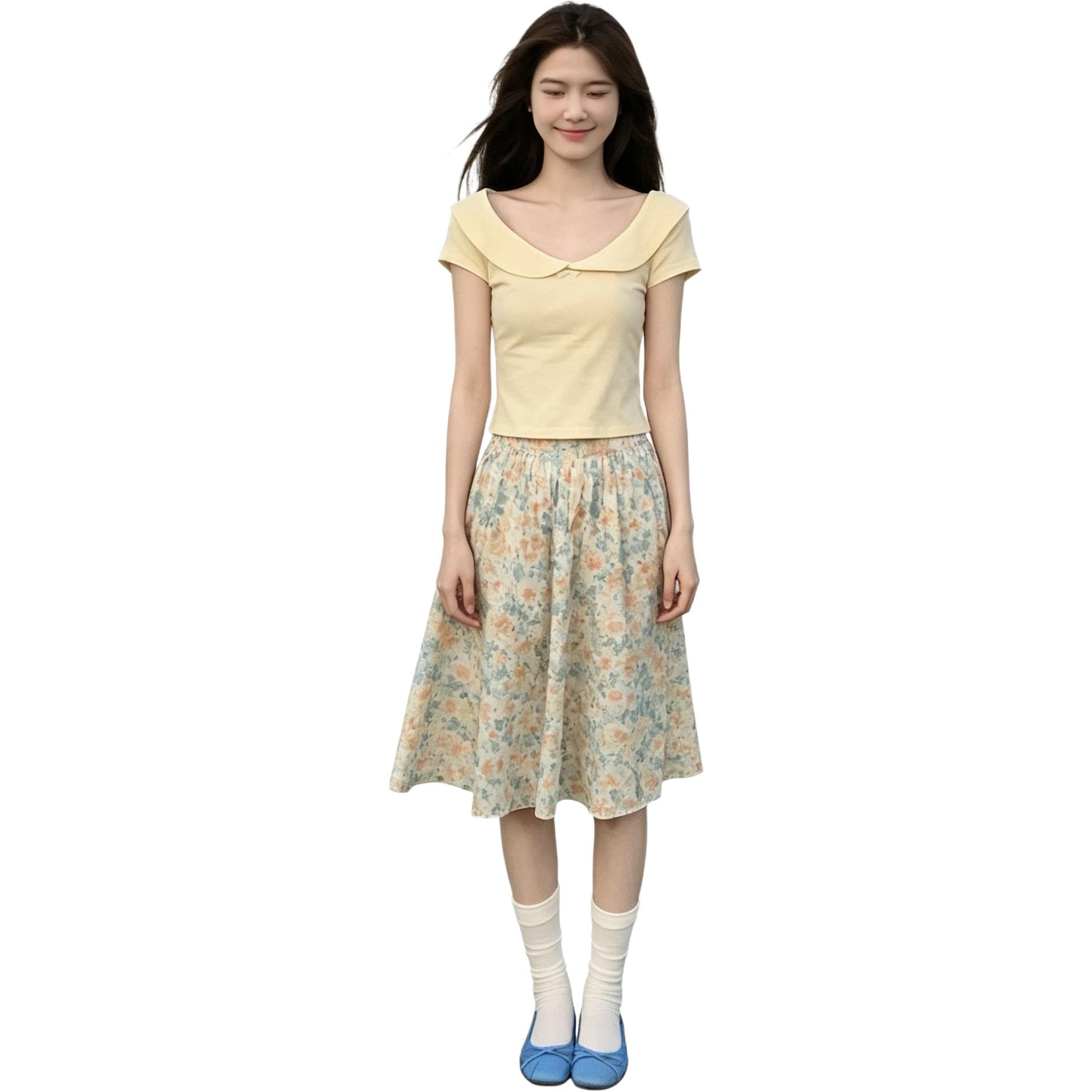 Two Piece Skirt Sets Peter Pan Collar Thin Midi Skirt Custard Top+Floral Skirt (TwoPiece Set)