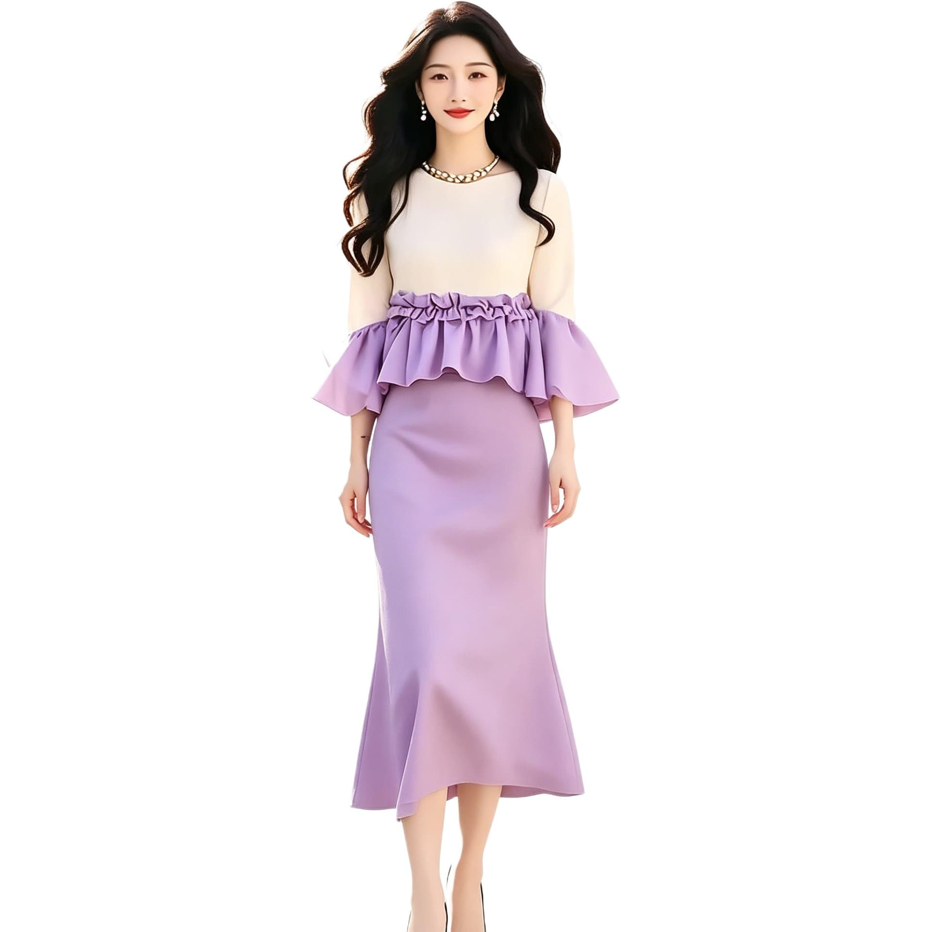 Two Piece Skirt Sets Crew Neck Moderate Long Skirt Purple & White & Skirt[TwoPiece Set]
