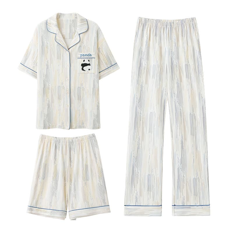 MIIOW Pajama Sets Women'sBlue Ribbed[ShortSleeved TShirt+Shorts+Pants]
